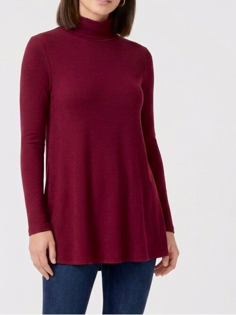 BELITA Ribbed Burgundy Red Turtleneck Long Tunic Top